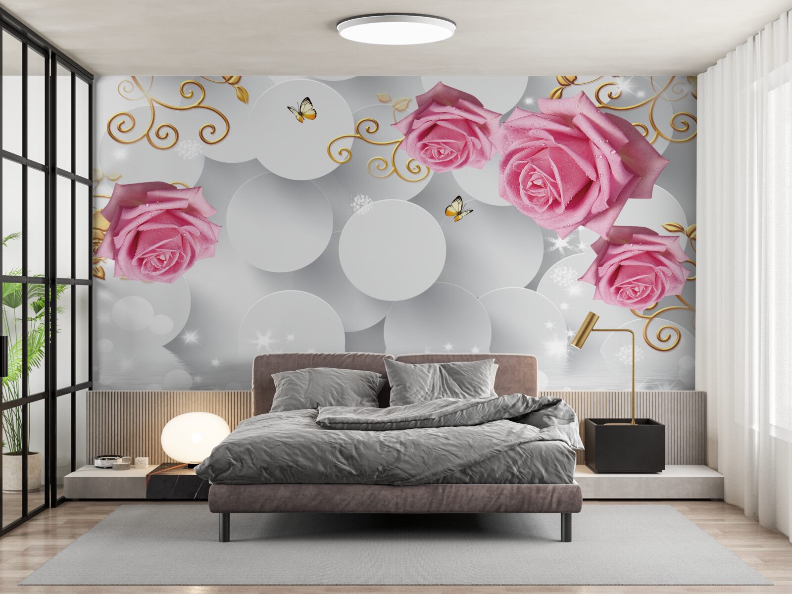 Fototapeta białe kółka obramowują różowe róże