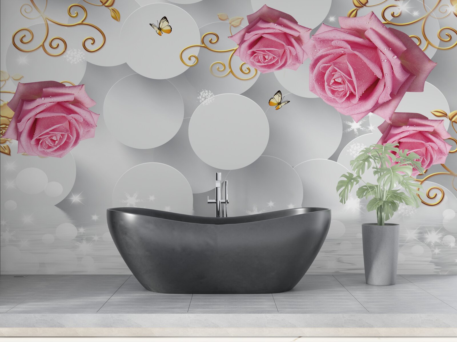 Fototapeta białe kółka obramowują różowe róże