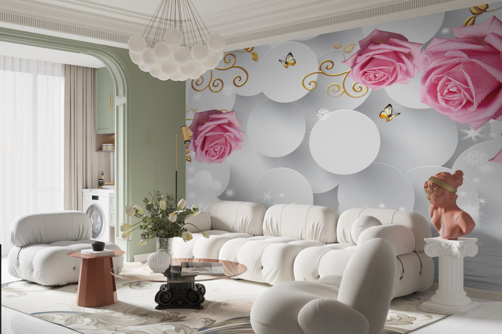 Fototapeta białe kółka obramowują różowe róże