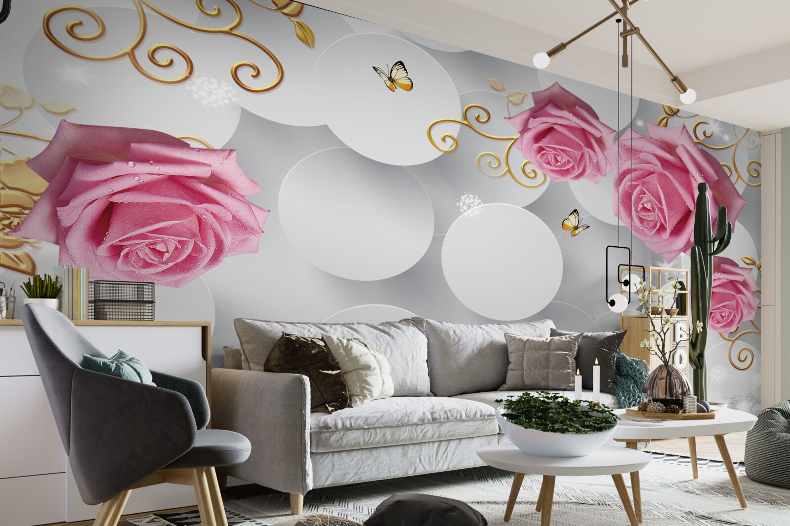 Fototapeta białe kółka obramowują różowe róże