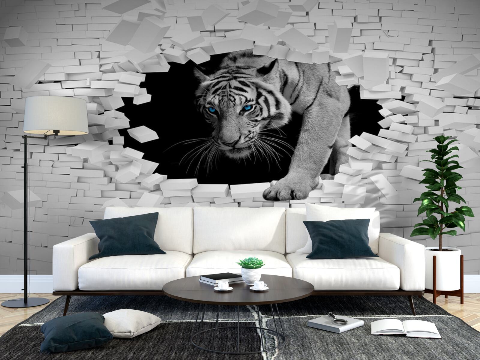 Fototapeta tygrys niszczy ścianę z cegieł