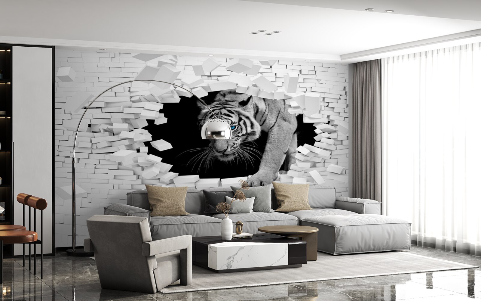 Fototapeta tygrys niszczy ścianę z cegieł