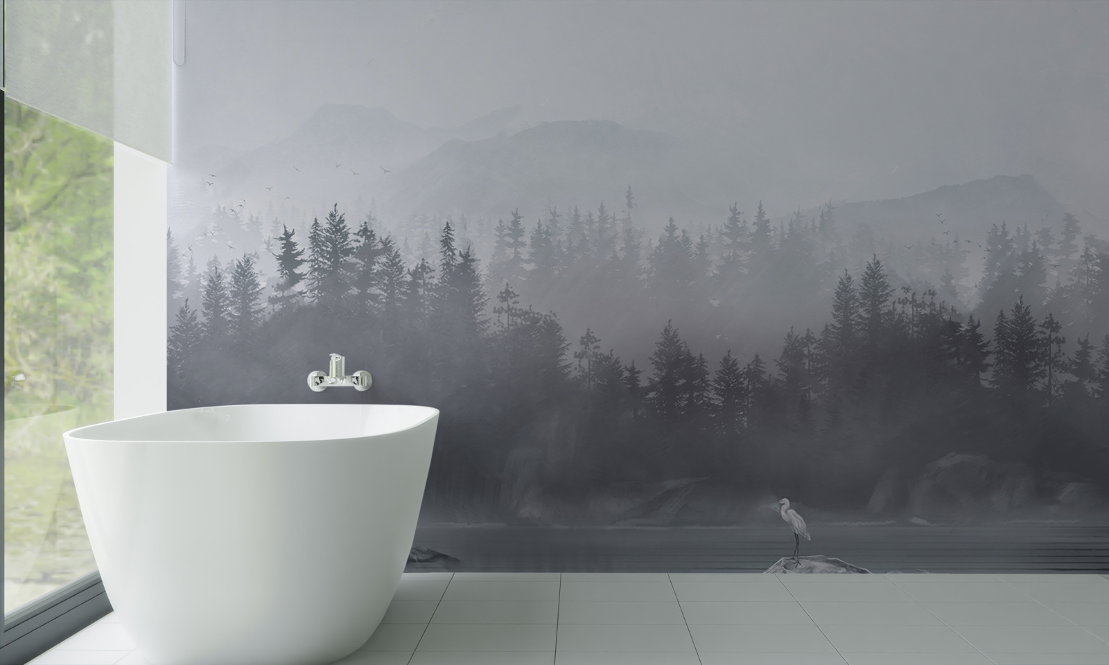 Fototapeta Żuraw żyje samotnie na skale pośrodku jeziora