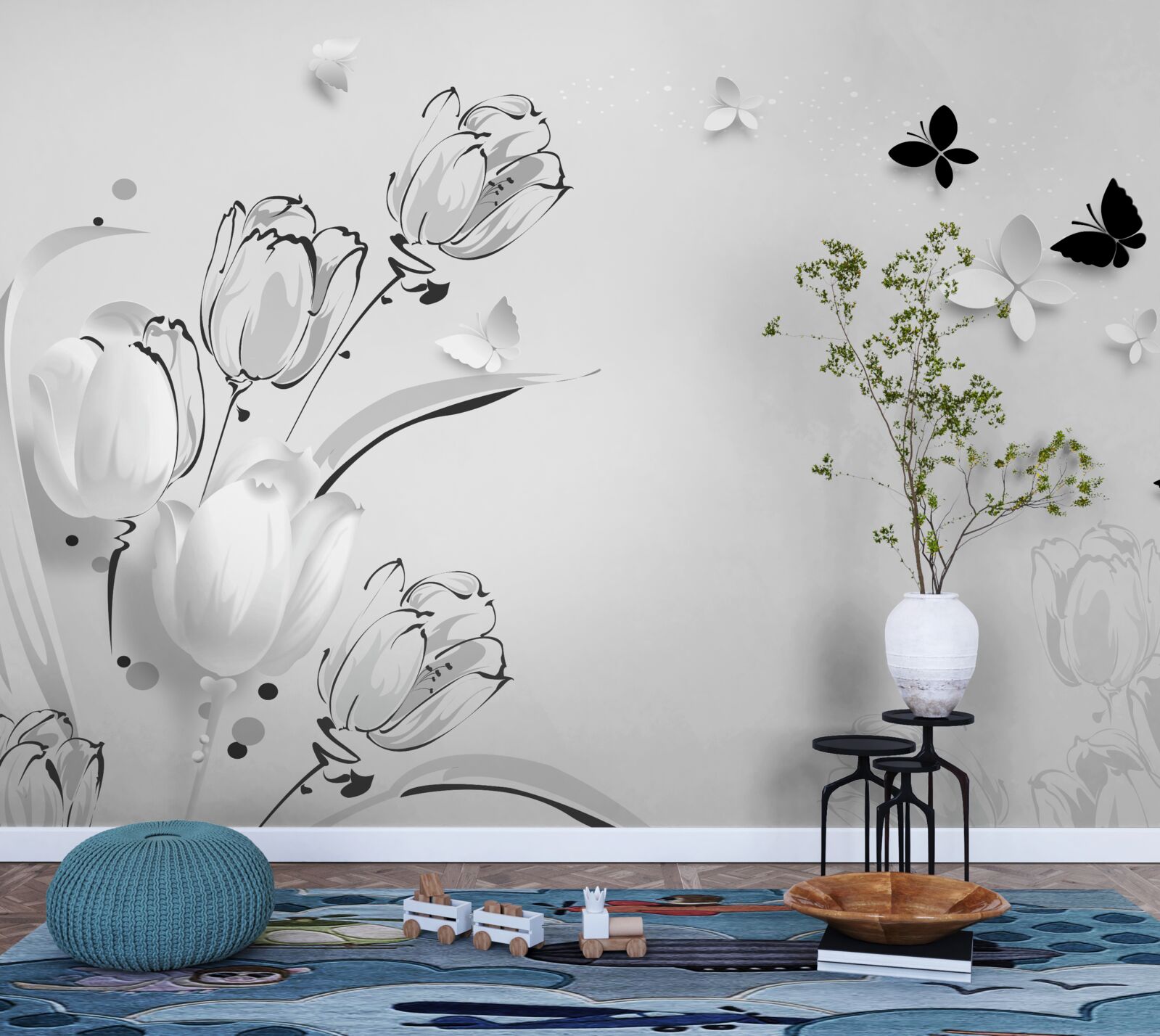 Fototapeta Śnieżnobiałe tulipany i motyle