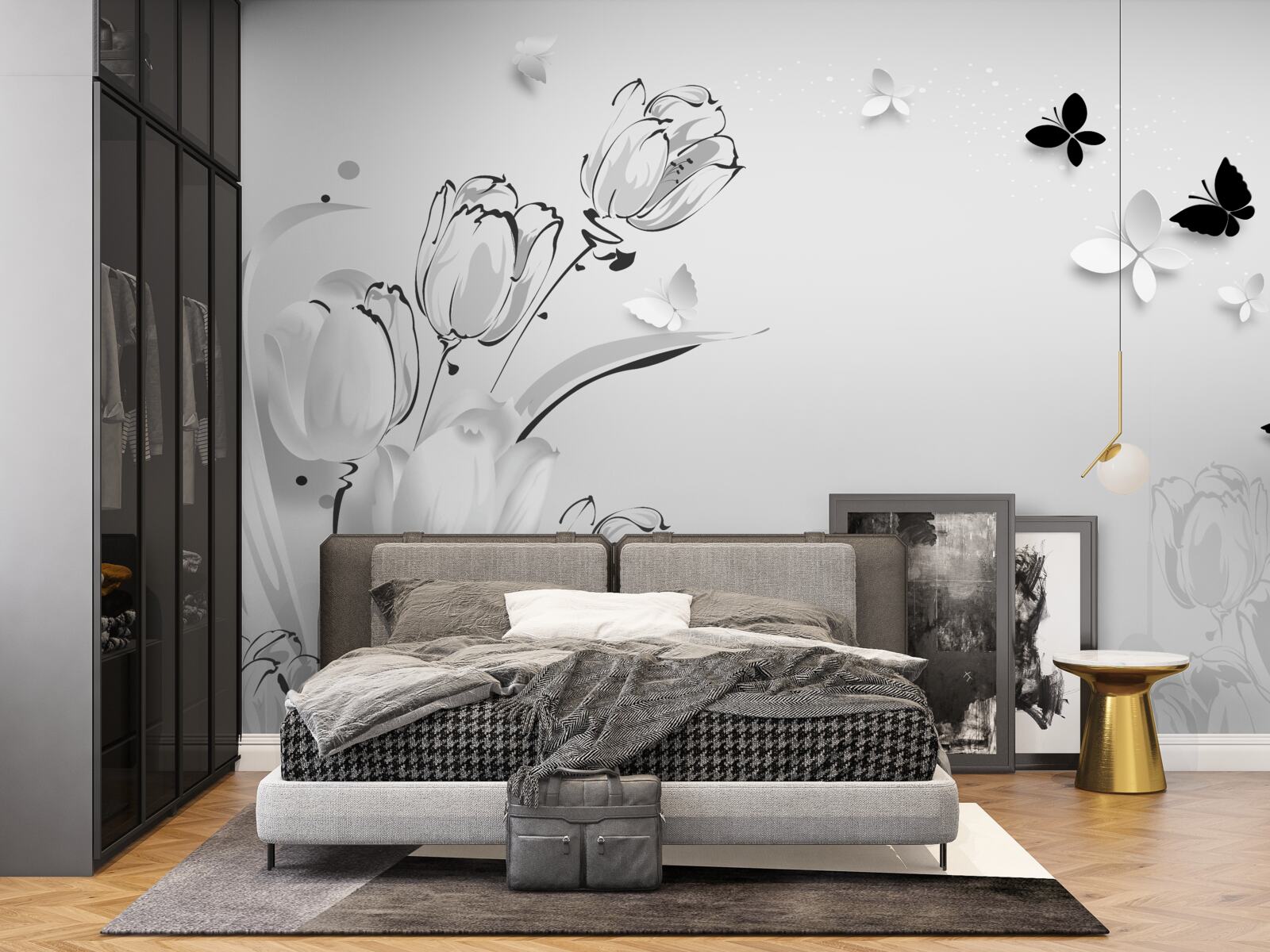 Fototapeta Śnieżnobiałe tulipany i motyle