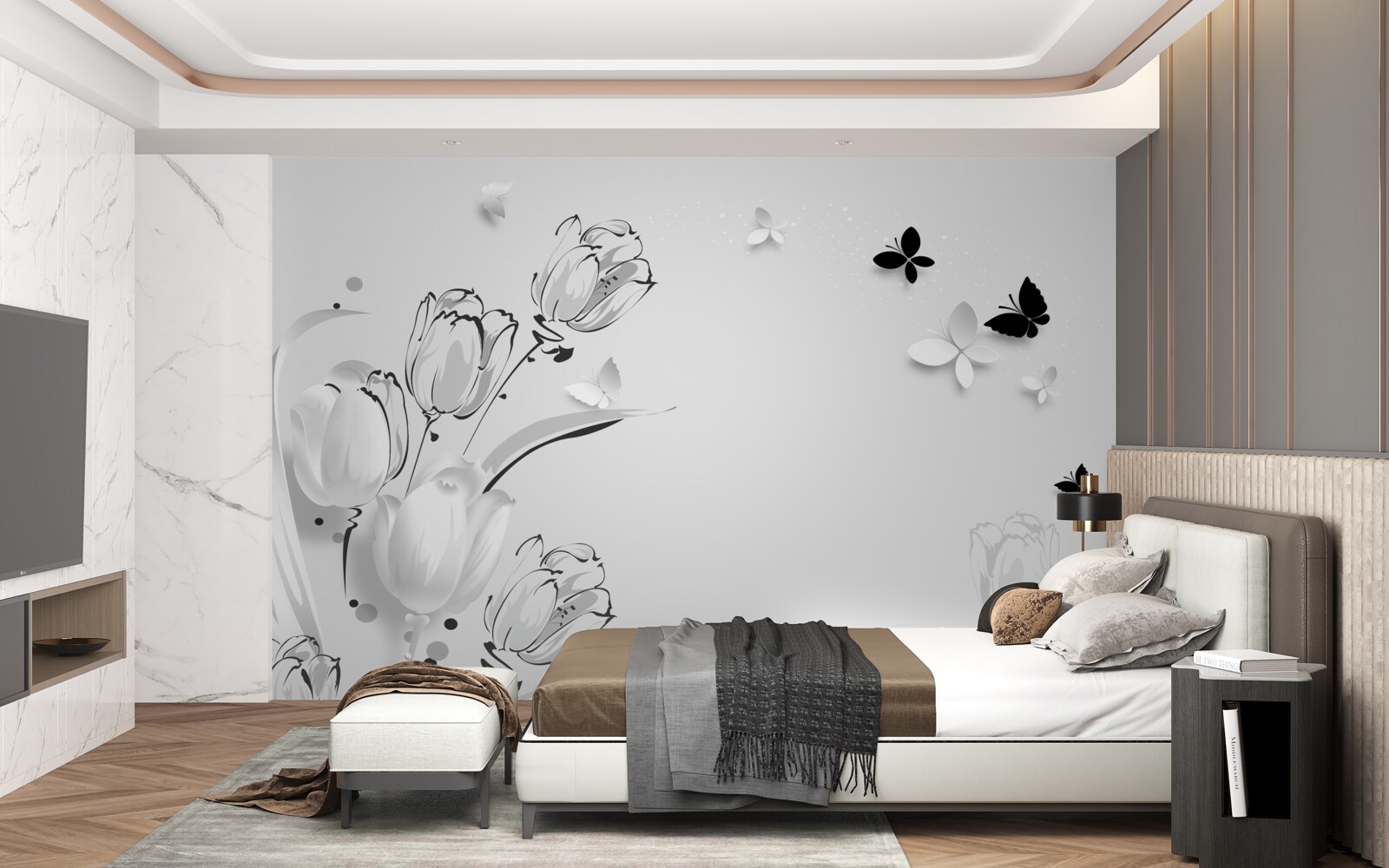 Fototapeta Śnieżnobiałe tulipany i motyle