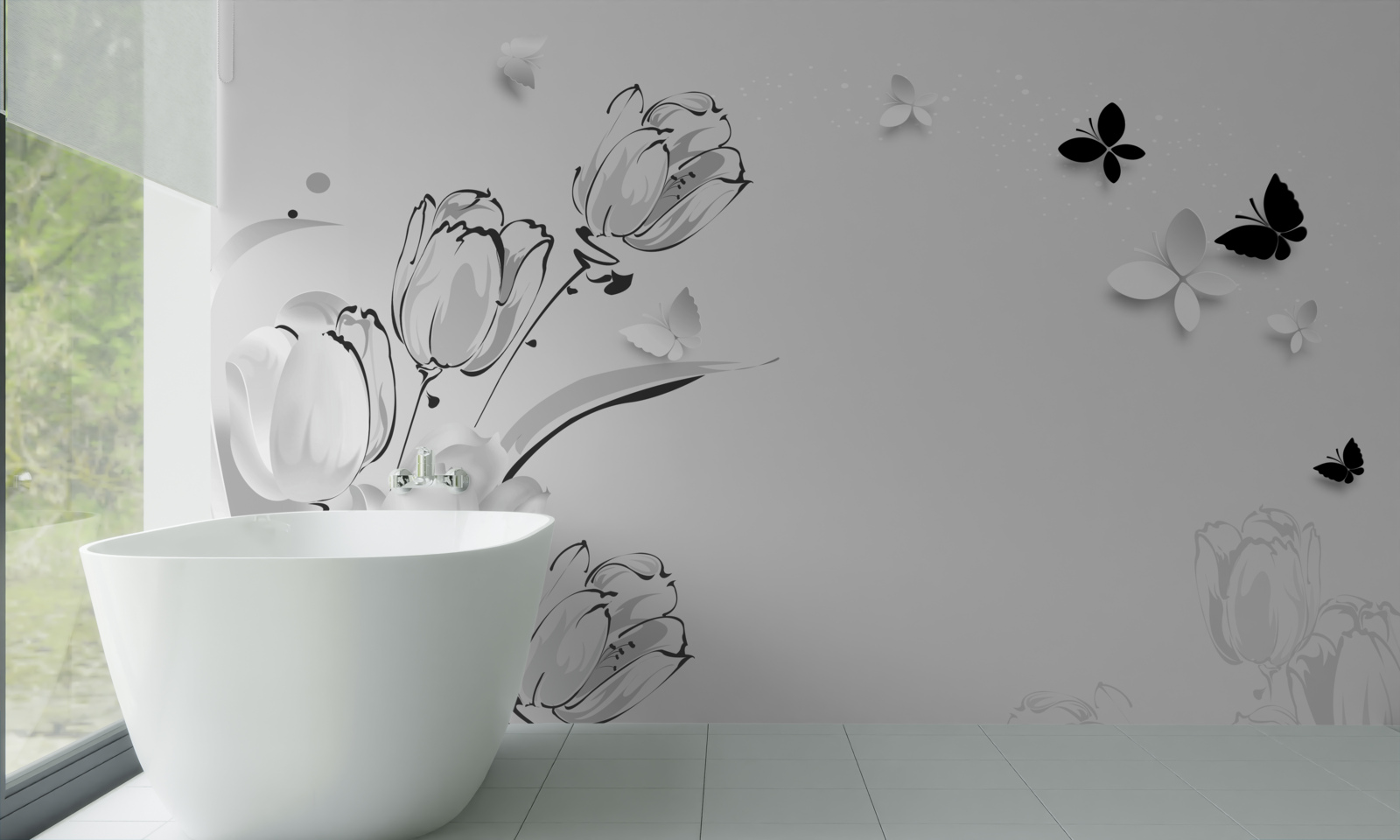 Fototapeta Śnieżnobiałe tulipany i motyle