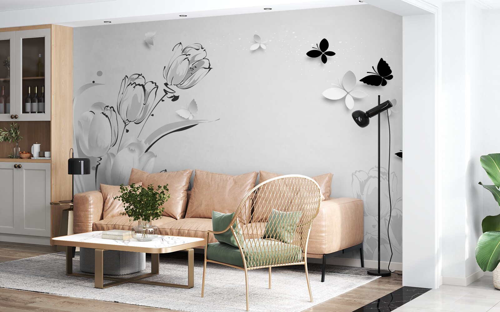 Fototapeta Śnieżnobiałe tulipany i motyle