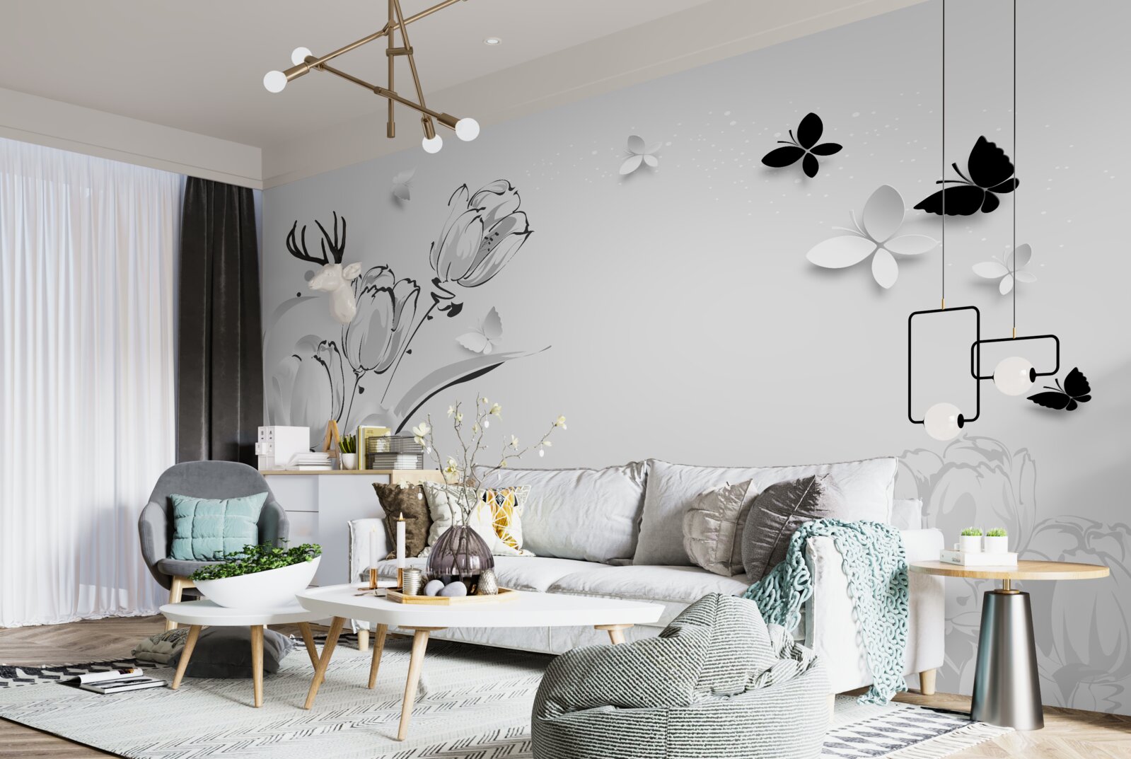 Fototapeta Śnieżnobiałe tulipany i motyle