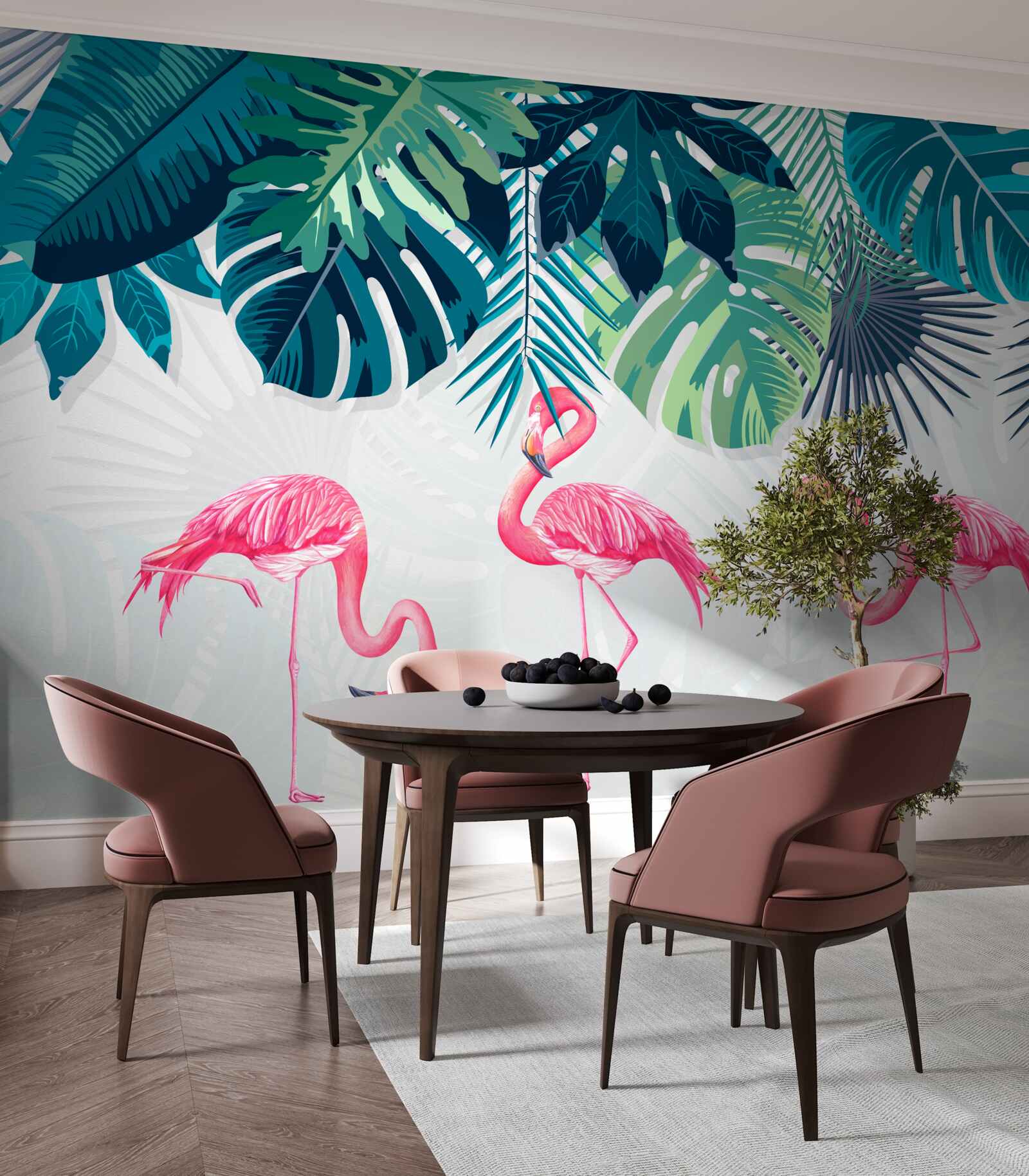 Fototapeta roślinność tropikalna i ptaki różowe flamingi