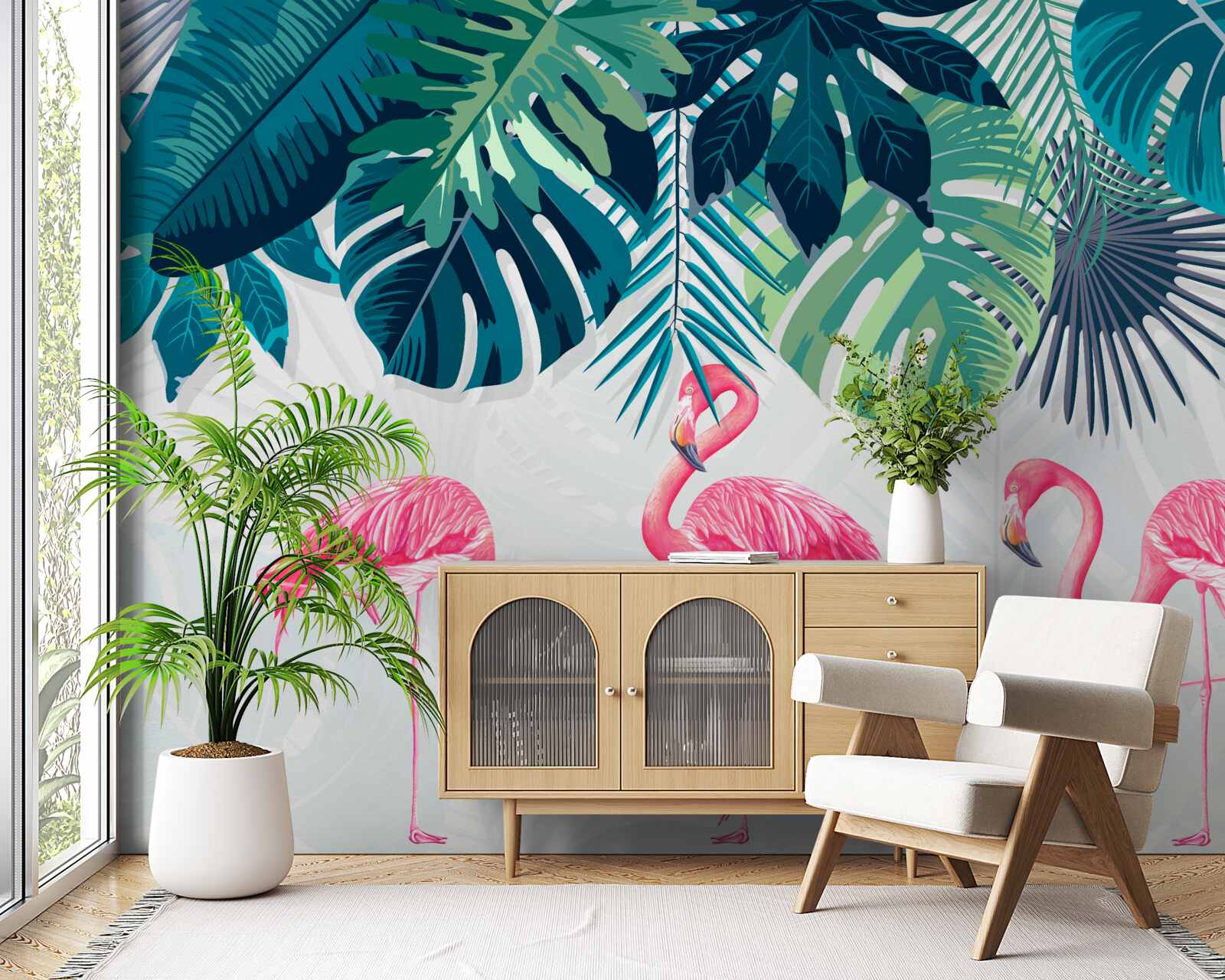 Fototapeta roślinność tropikalna i ptaki różowe flamingi