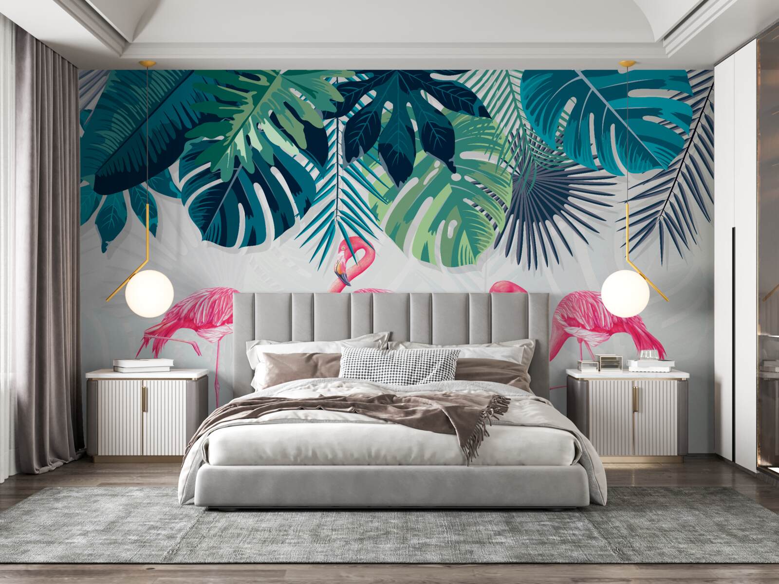 Fototapeta roślinność tropikalna i ptaki różowe flamingi