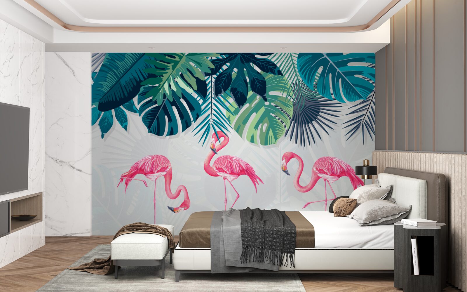 Fototapeta roślinność tropikalna i ptaki różowe flamingi