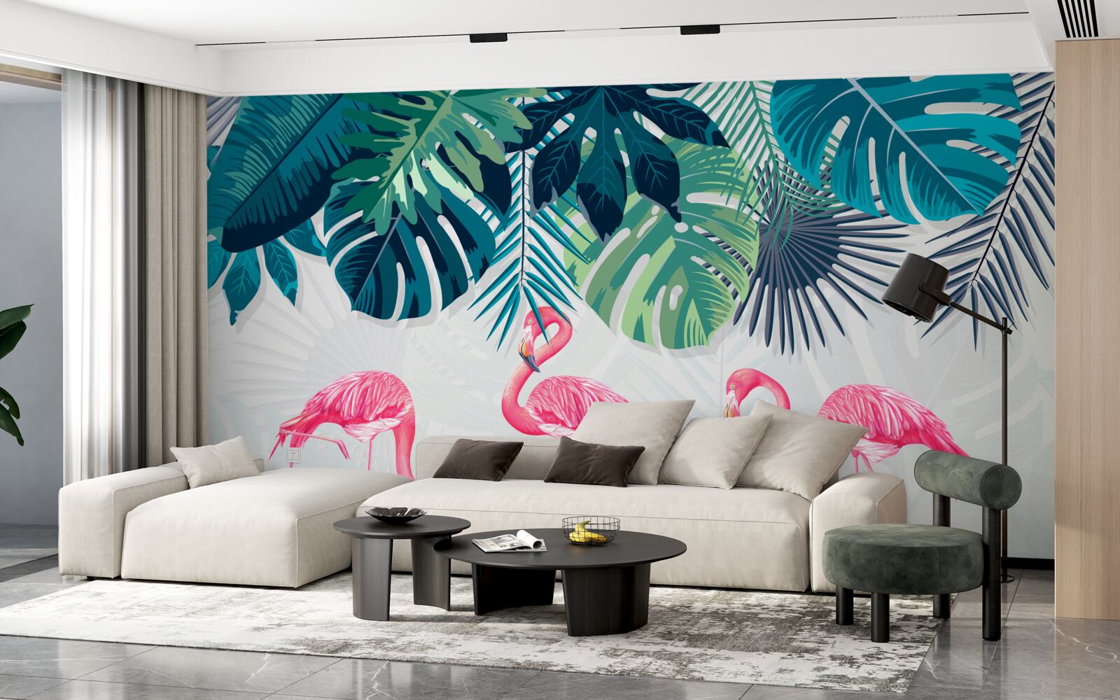 Fototapeta roślinność tropikalna i ptaki różowe flamingi