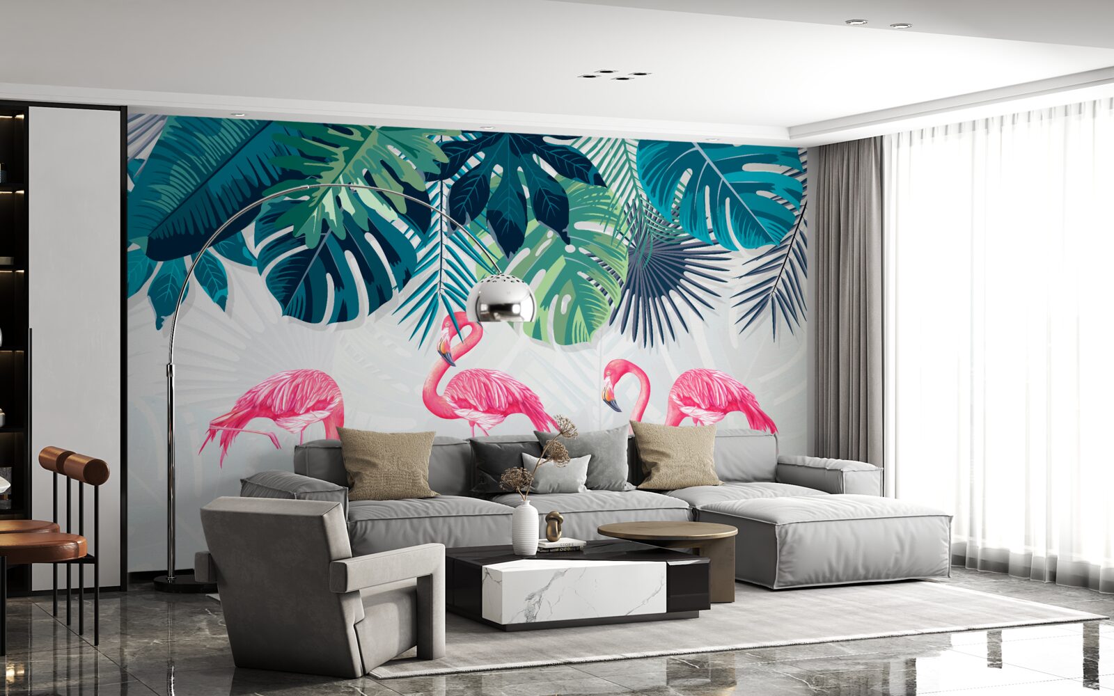 Fototapeta roślinność tropikalna i ptaki różowe flamingi