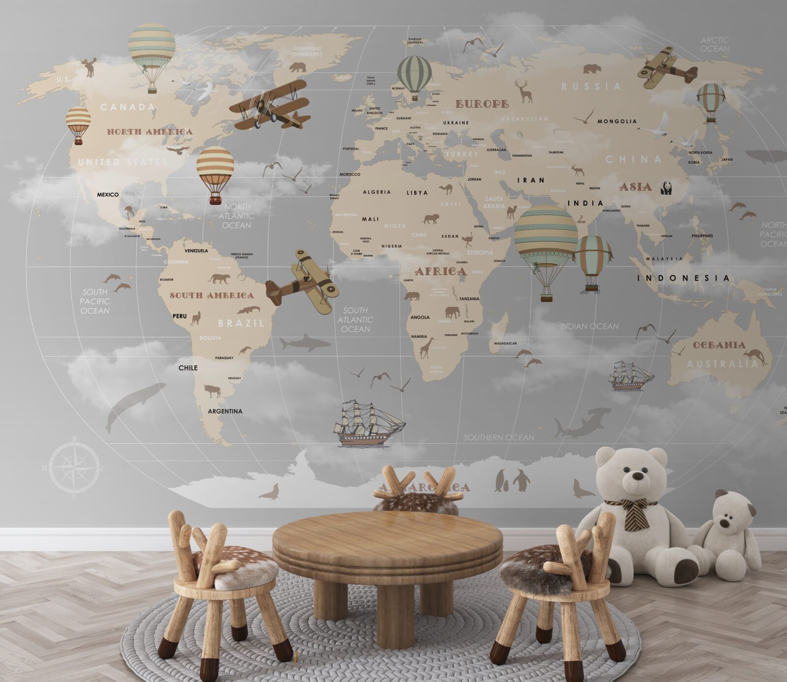 Fototapeta mapa globalna z różnymi rodzajami transportu