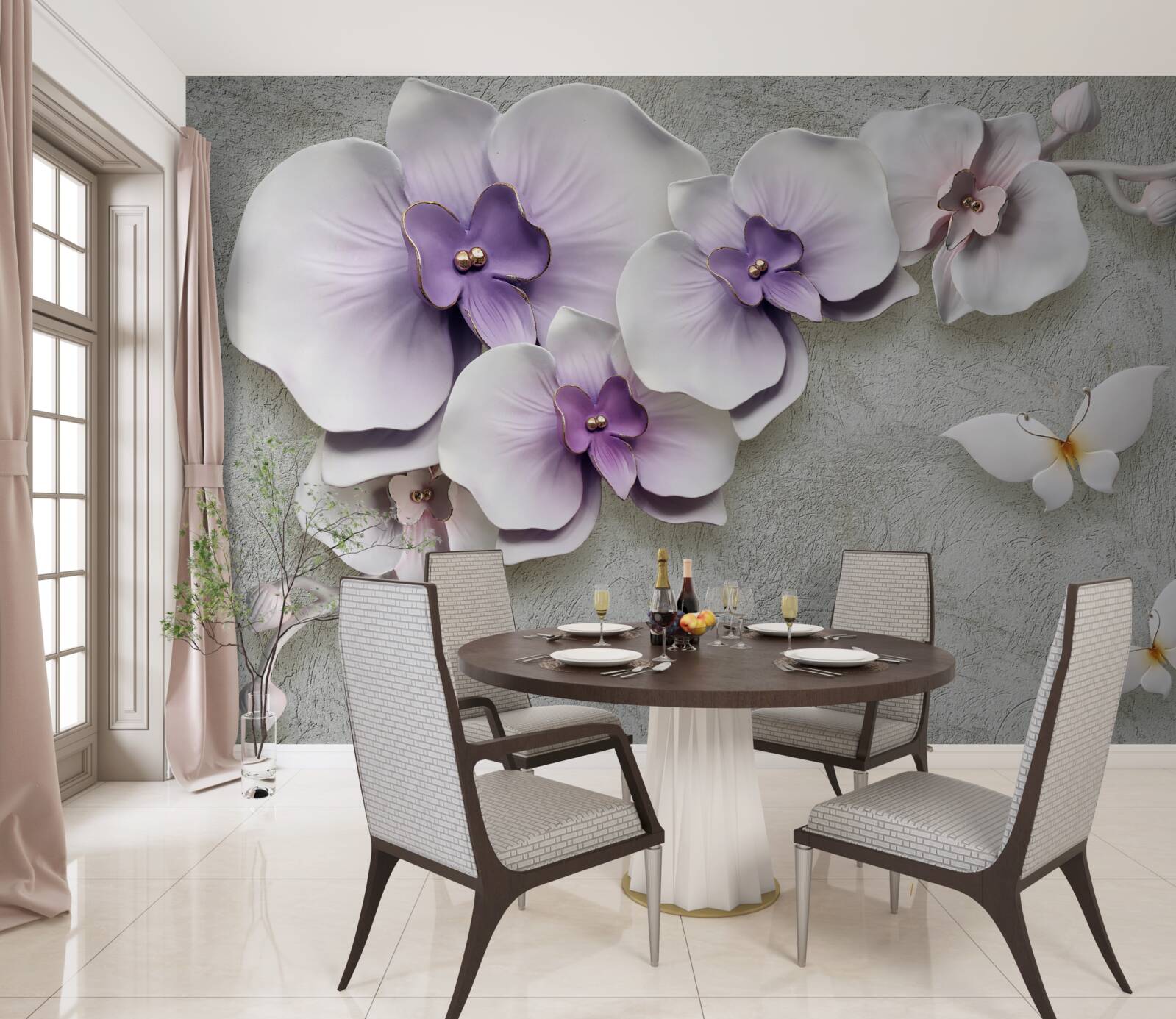 Fototapeta duże fioletowe lilie i śnieżnobiały motyl