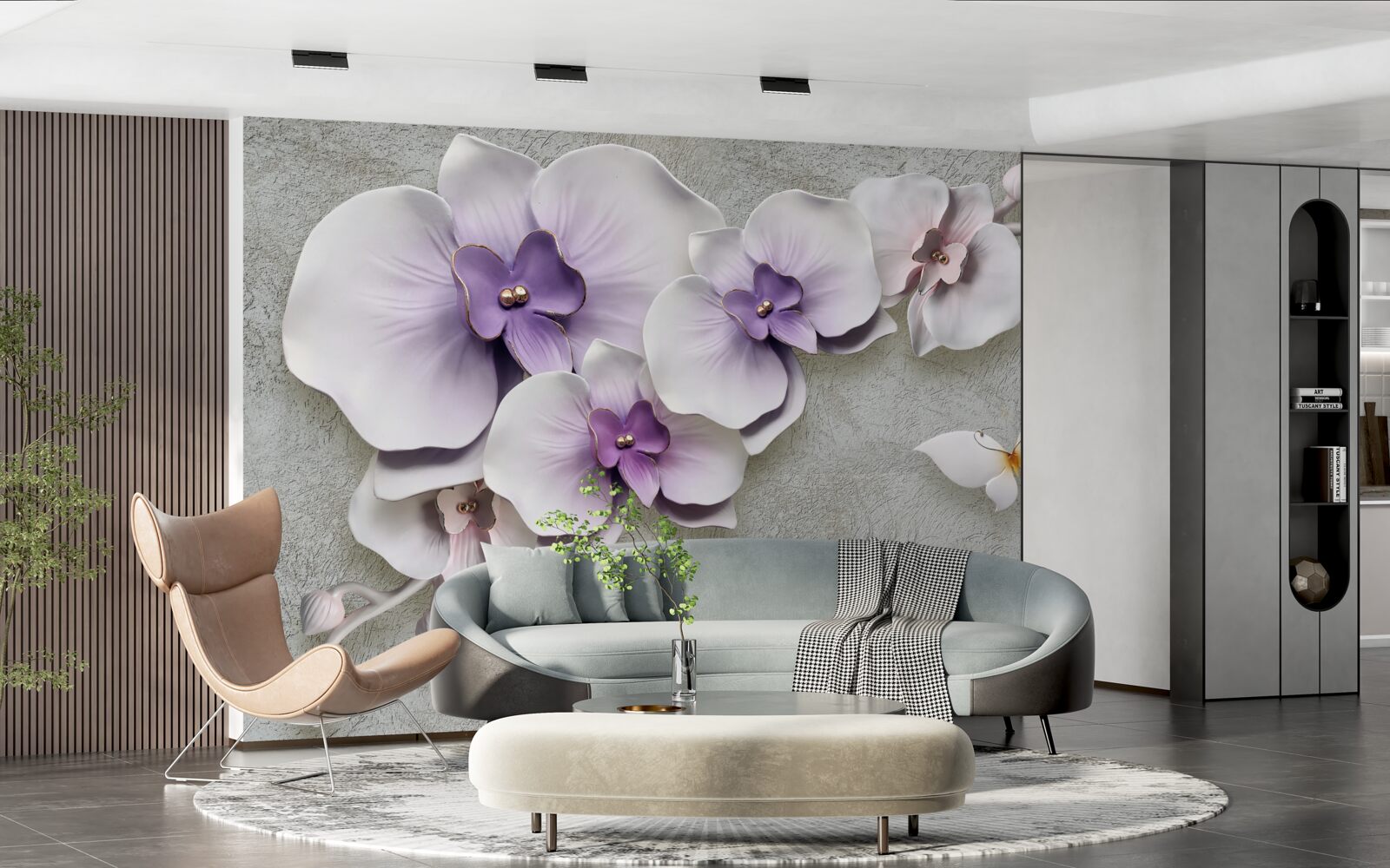 Fototapeta duże fioletowe lilie i śnieżnobiały motyl