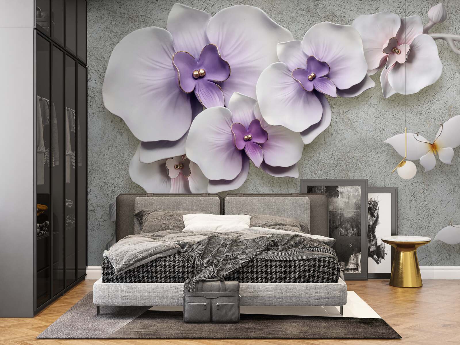 Fototapeta duże fioletowe lilie i śnieżnobiały motyl