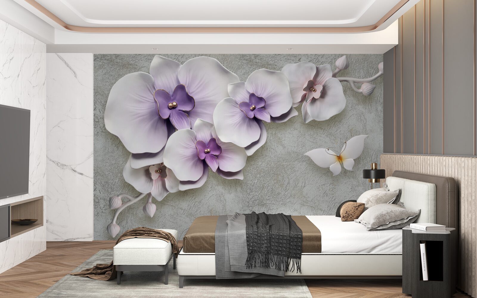 Fototapeta duże fioletowe lilie i śnieżnobiały motyl