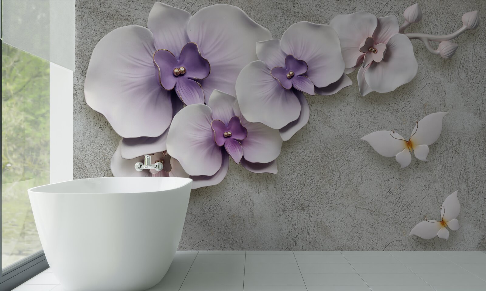 Fototapeta duże fioletowe lilie i śnieżnobiały motyl