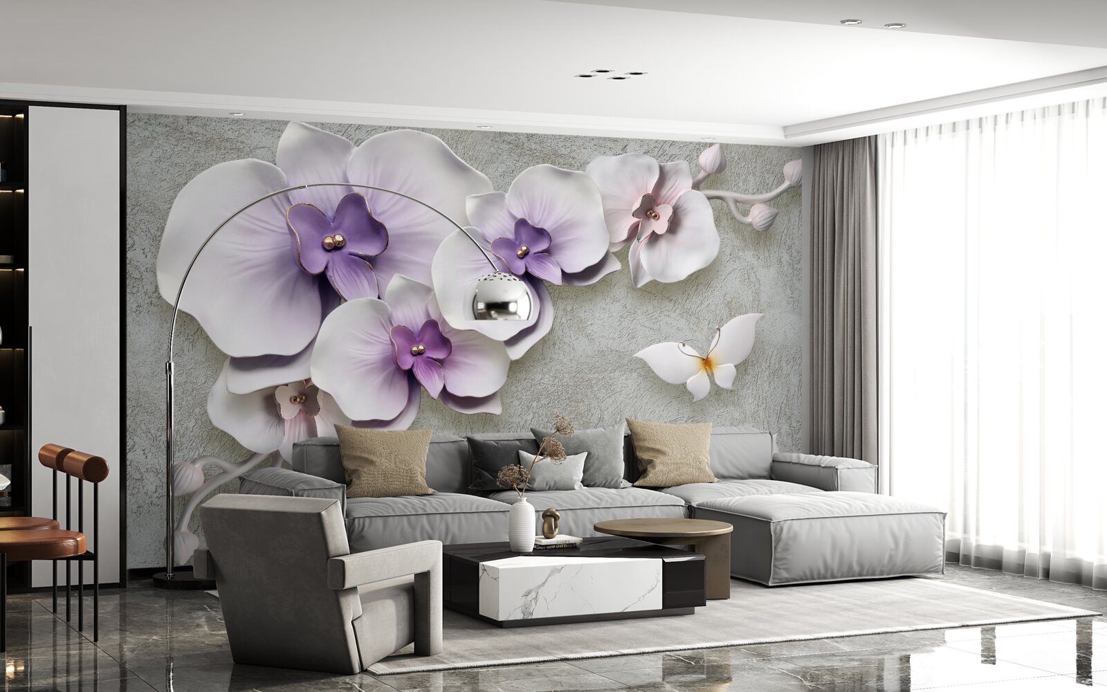 Fototapeta duże fioletowe lilie i śnieżnobiały motyl