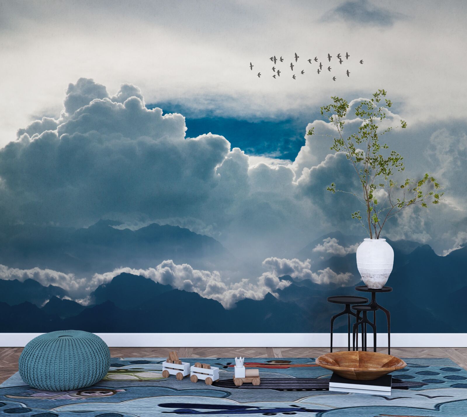 Fototapeta grupa ptaków nad gęstymi chmurami