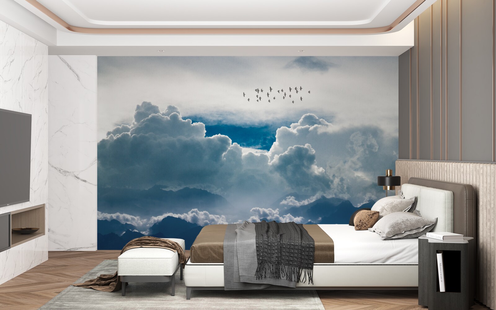 Fototapeta grupa ptaków nad gęstymi chmurami