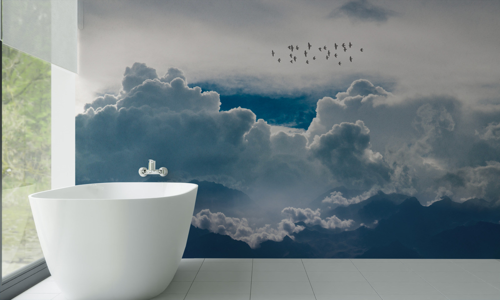 Fototapeta grupa ptaków nad gęstymi chmurami