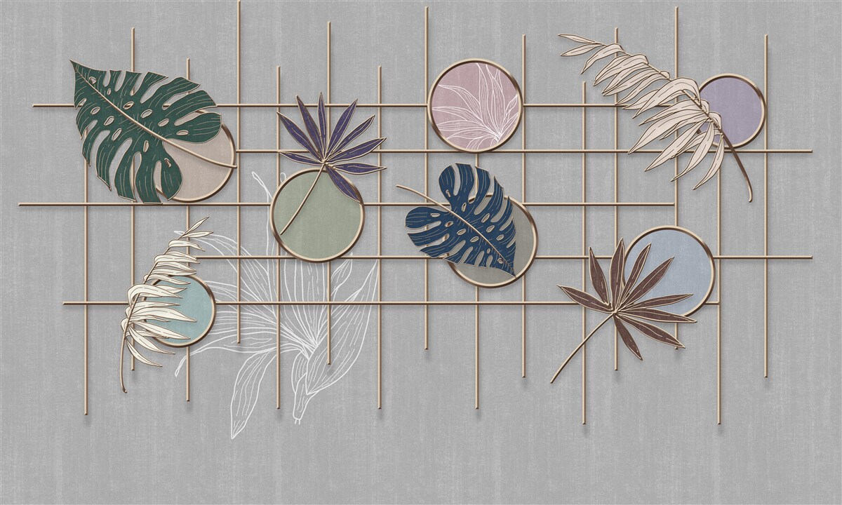 Fototapeta liście roślin tropikalnych na złotej siatce