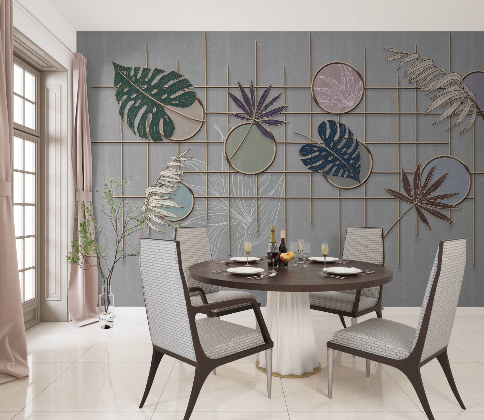 Fototapeta liście roślin tropikalnych na złotej siatce