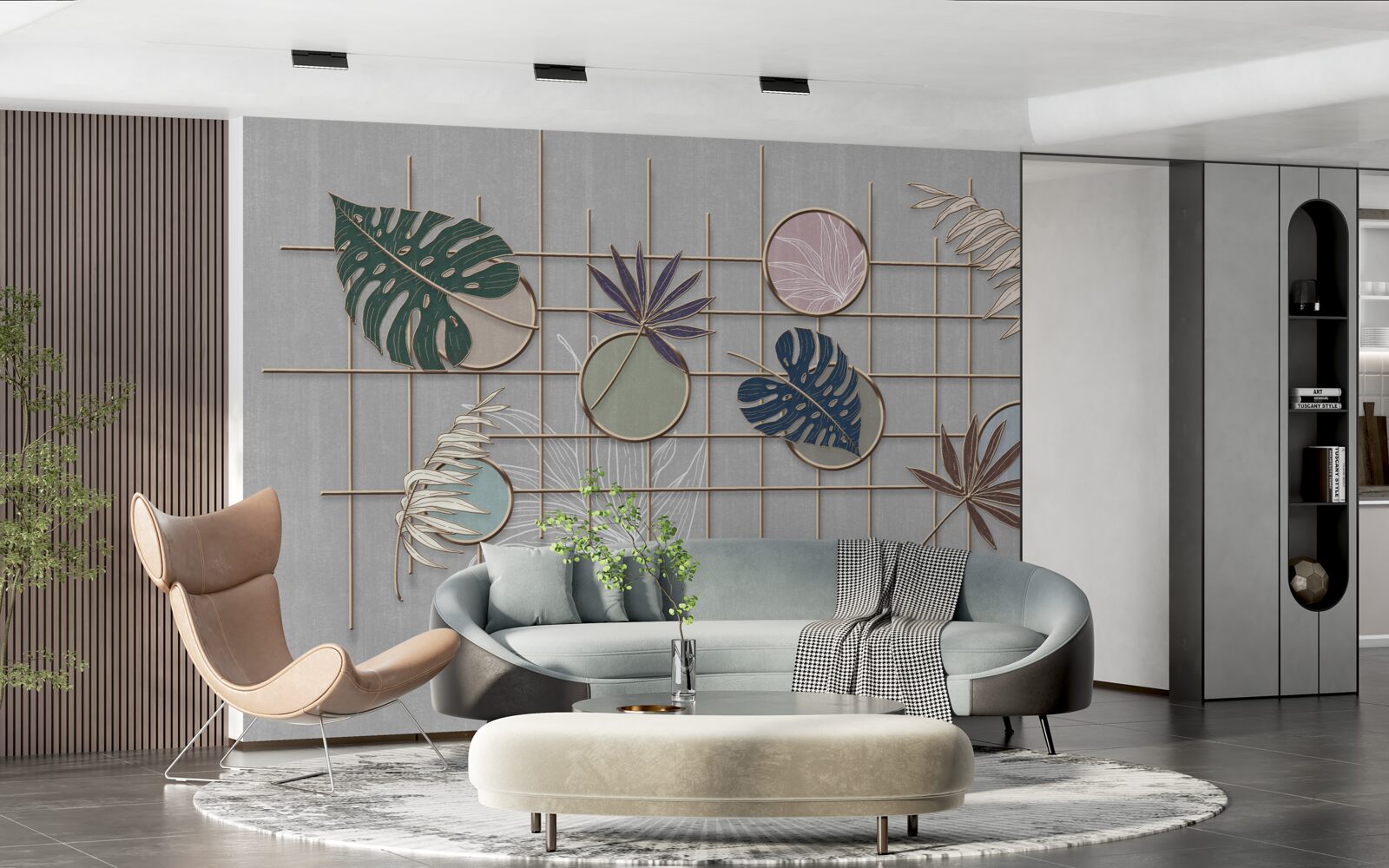 Fototapeta liście roślin tropikalnych na złotej siatce