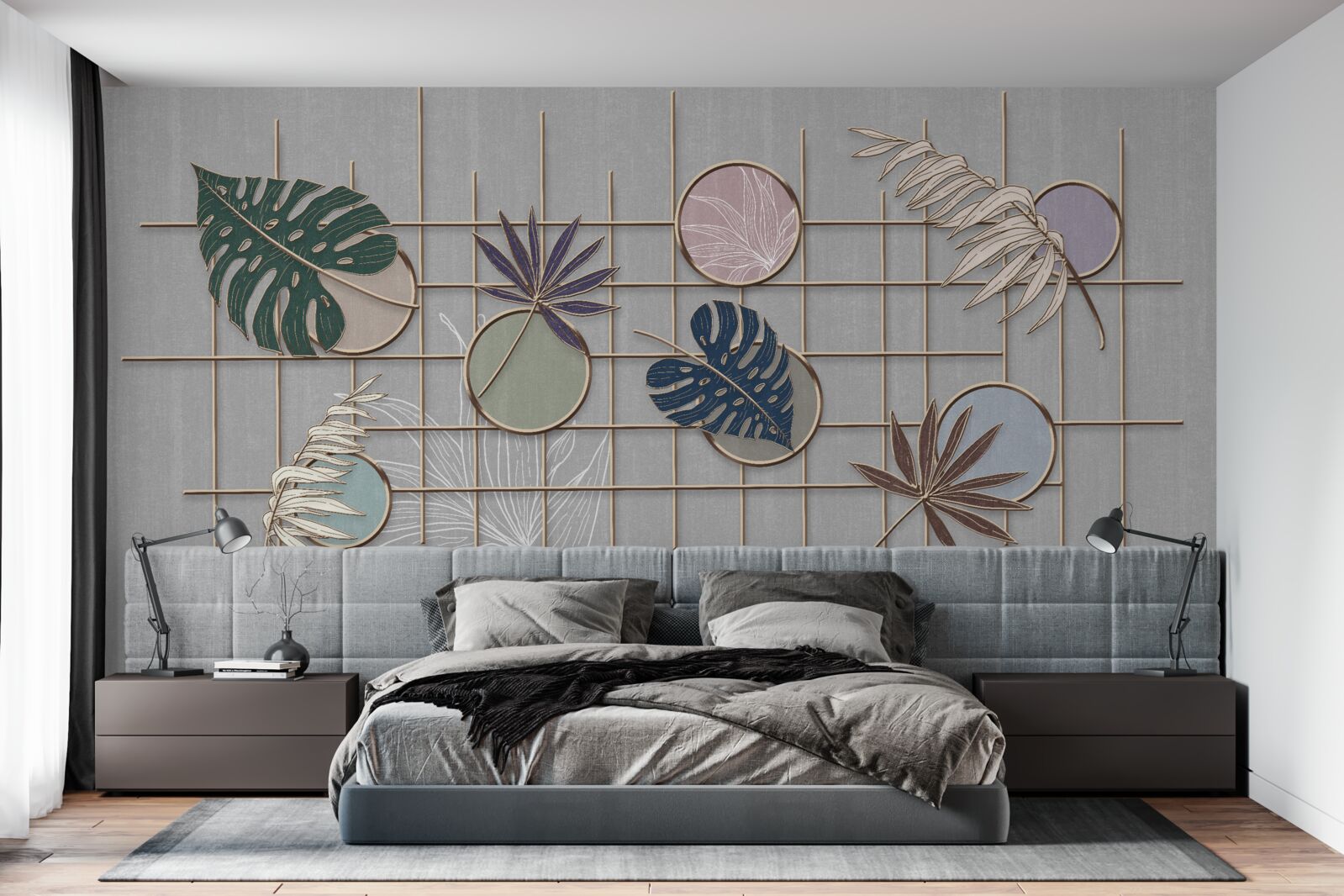 Fototapeta liście roślin tropikalnych na złotej siatce