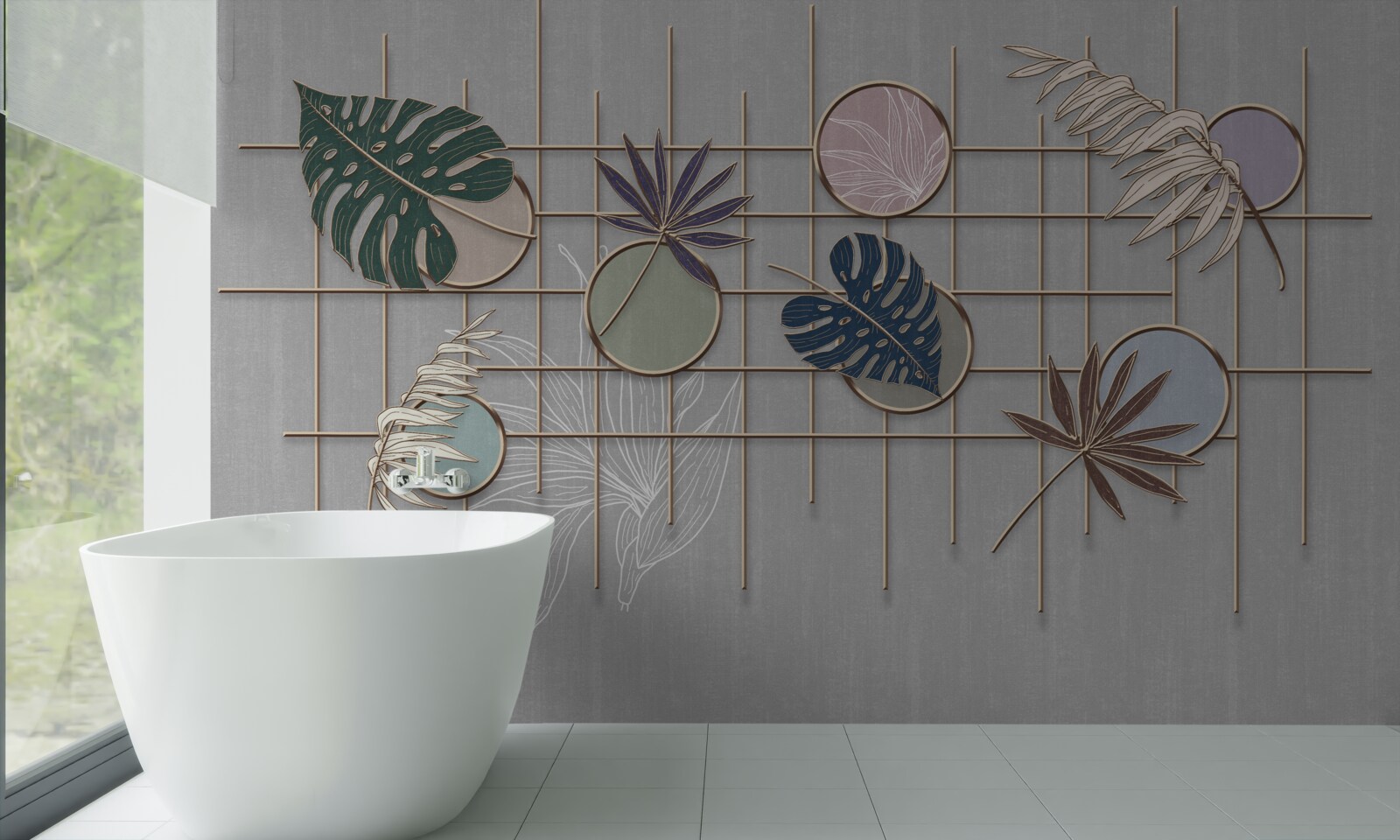 Fototapeta liście roślin tropikalnych na złotej siatce