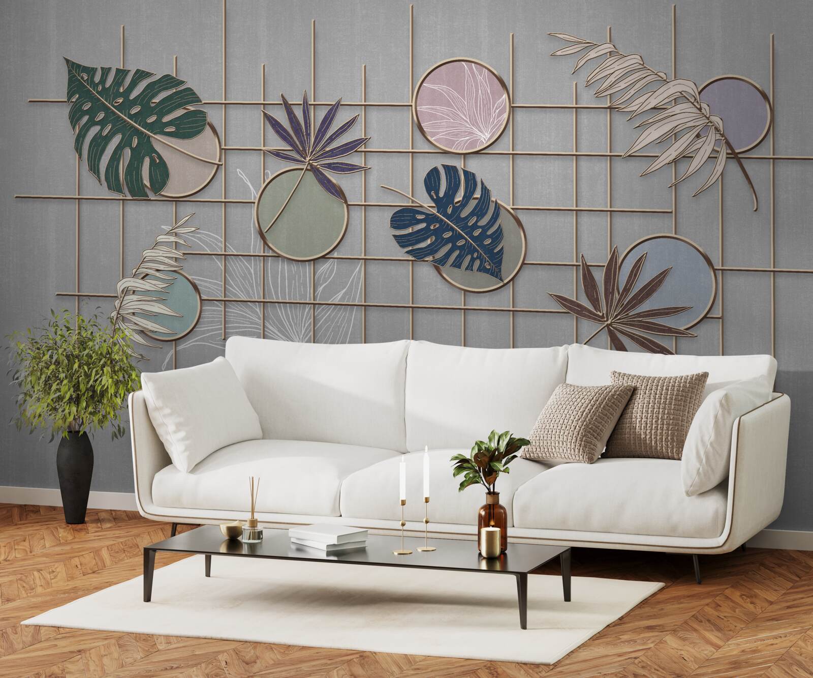 Fototapeta liście roślin tropikalnych na złotej siatce