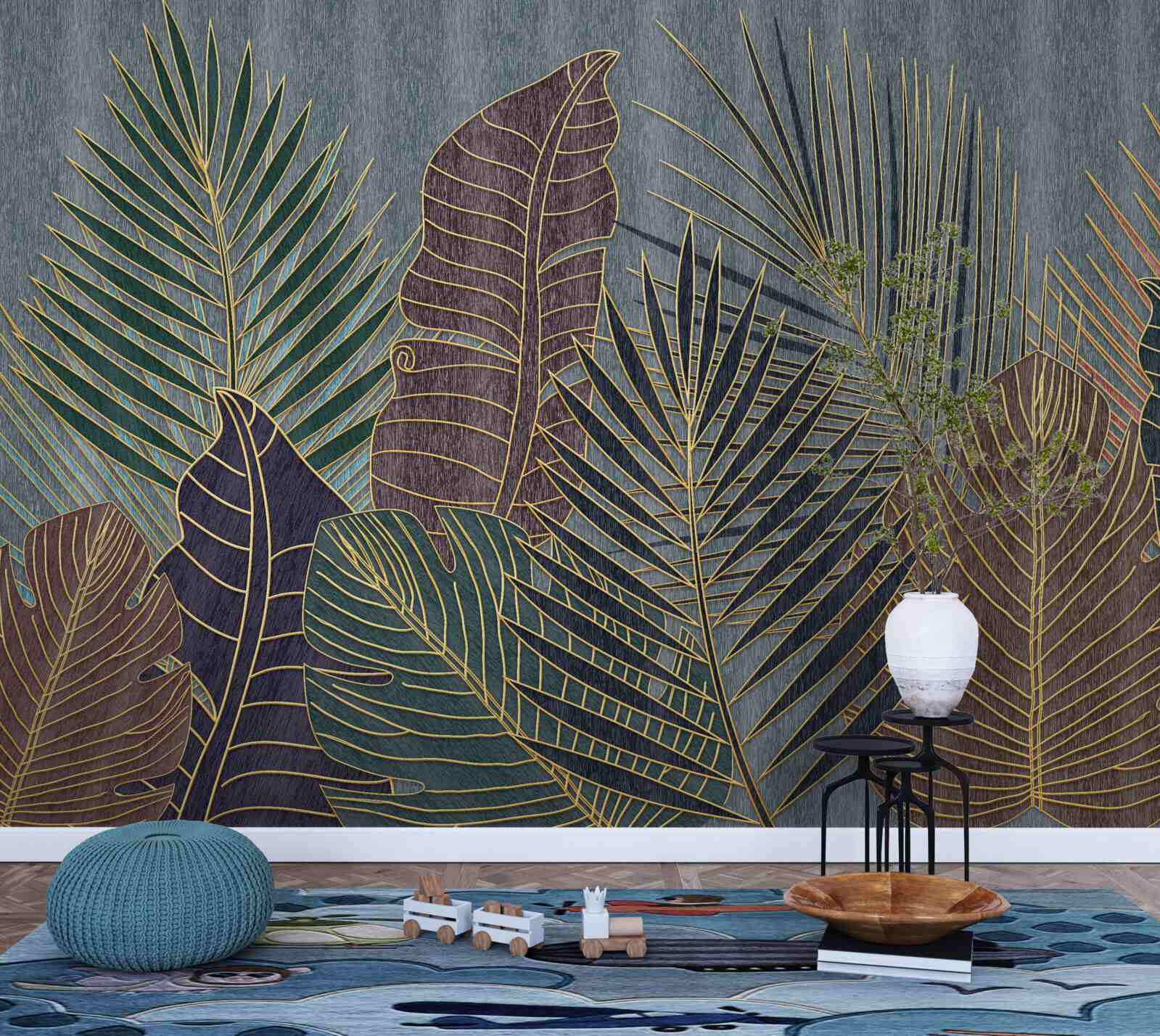 Fototapeta zachód słońca w tropikalnym lesie owianym abstrakcją