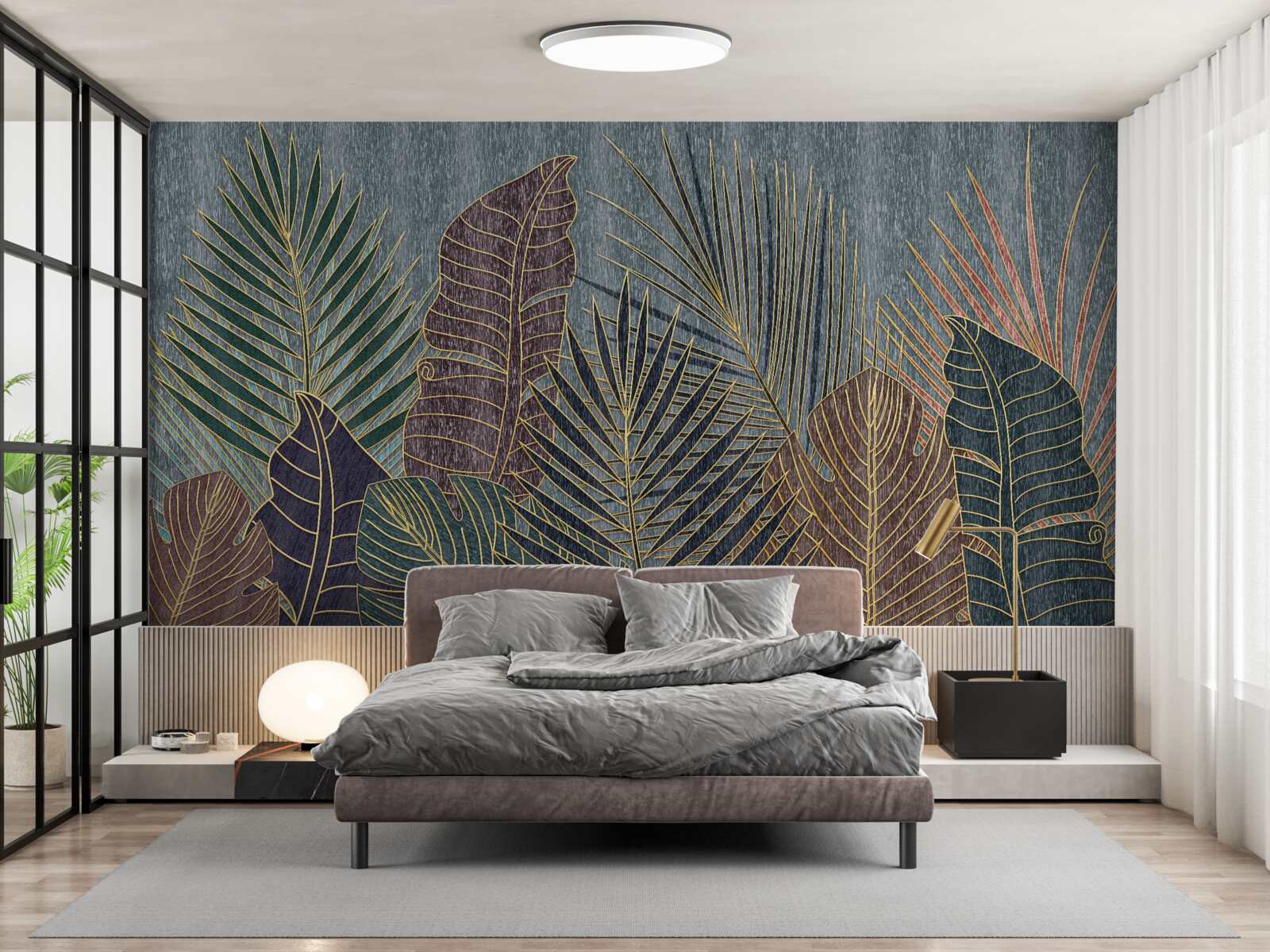 Fototapeta zachód słońca w tropikalnym lesie owianym abstrakcją