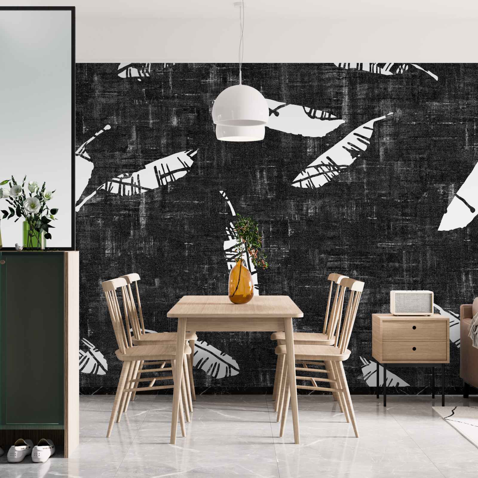 Fototapeta grafika z niebieskimi liśćmi palmowymi