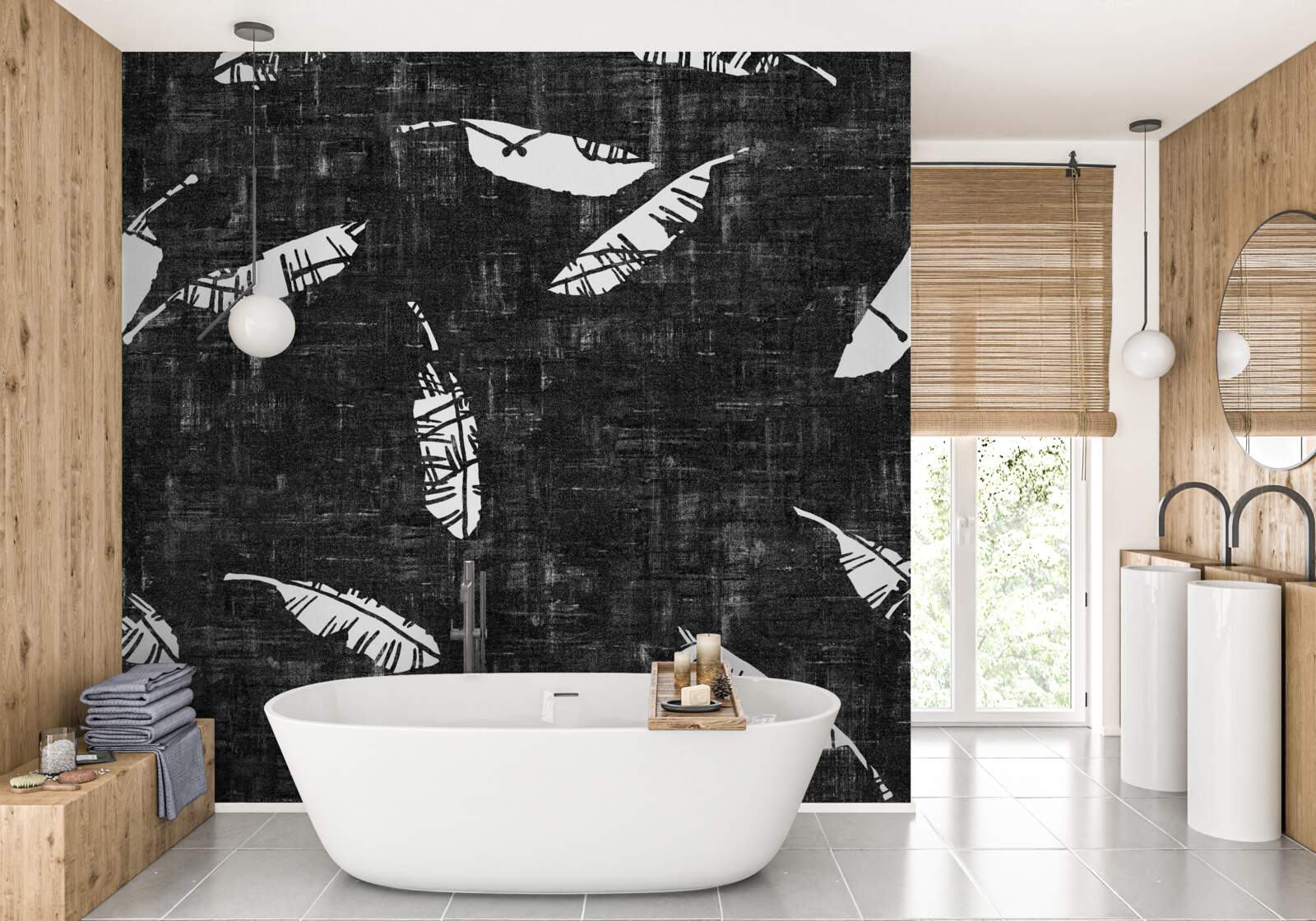 Fototapeta grafika z niebieskimi liśćmi palmowymi