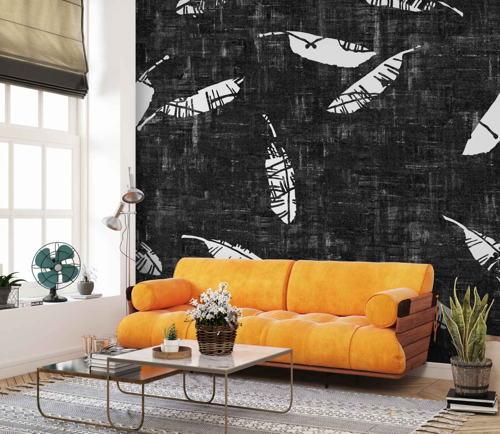 Fototapeta grafika z niebieskimi liśćmi palmowymi