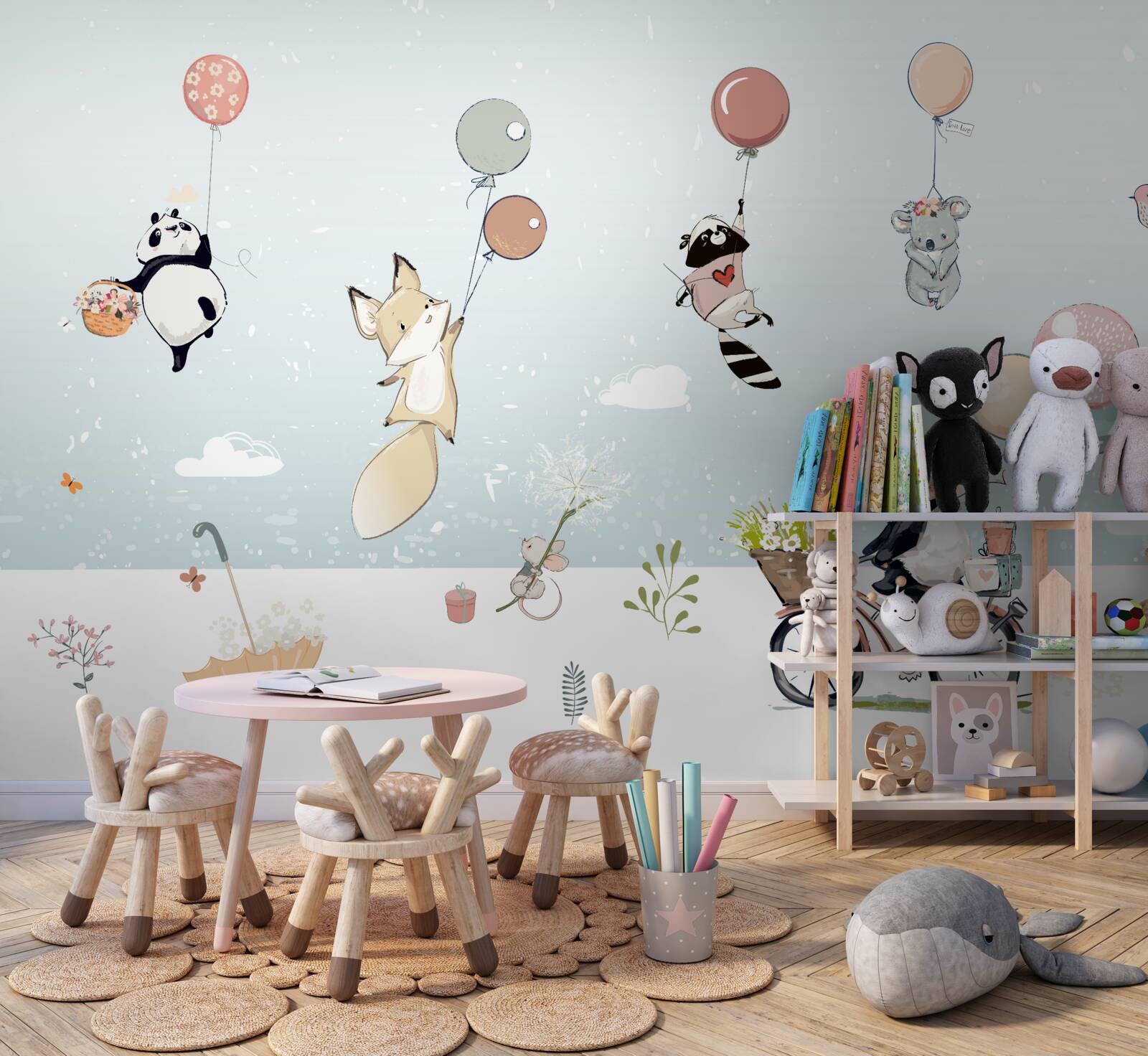 Fototapeta panda rowerowa i zwierzęta z bąbelkami