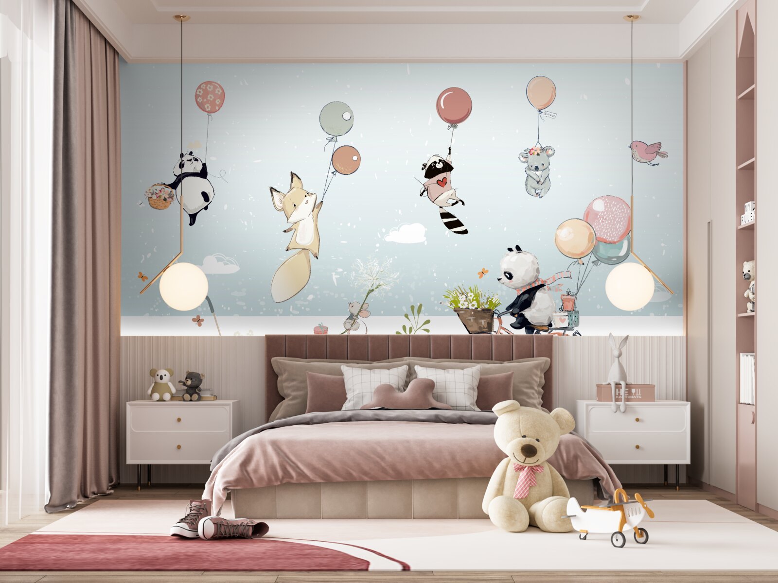 Fototapeta panda rowerowa i zwierzęta z bąbelkami