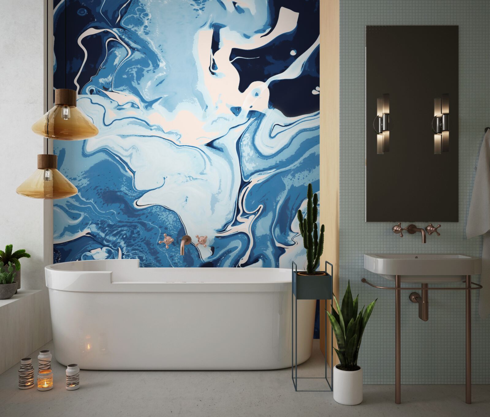 Fototapeta obraz fal w odcieniach błękitu na marmurowym tle