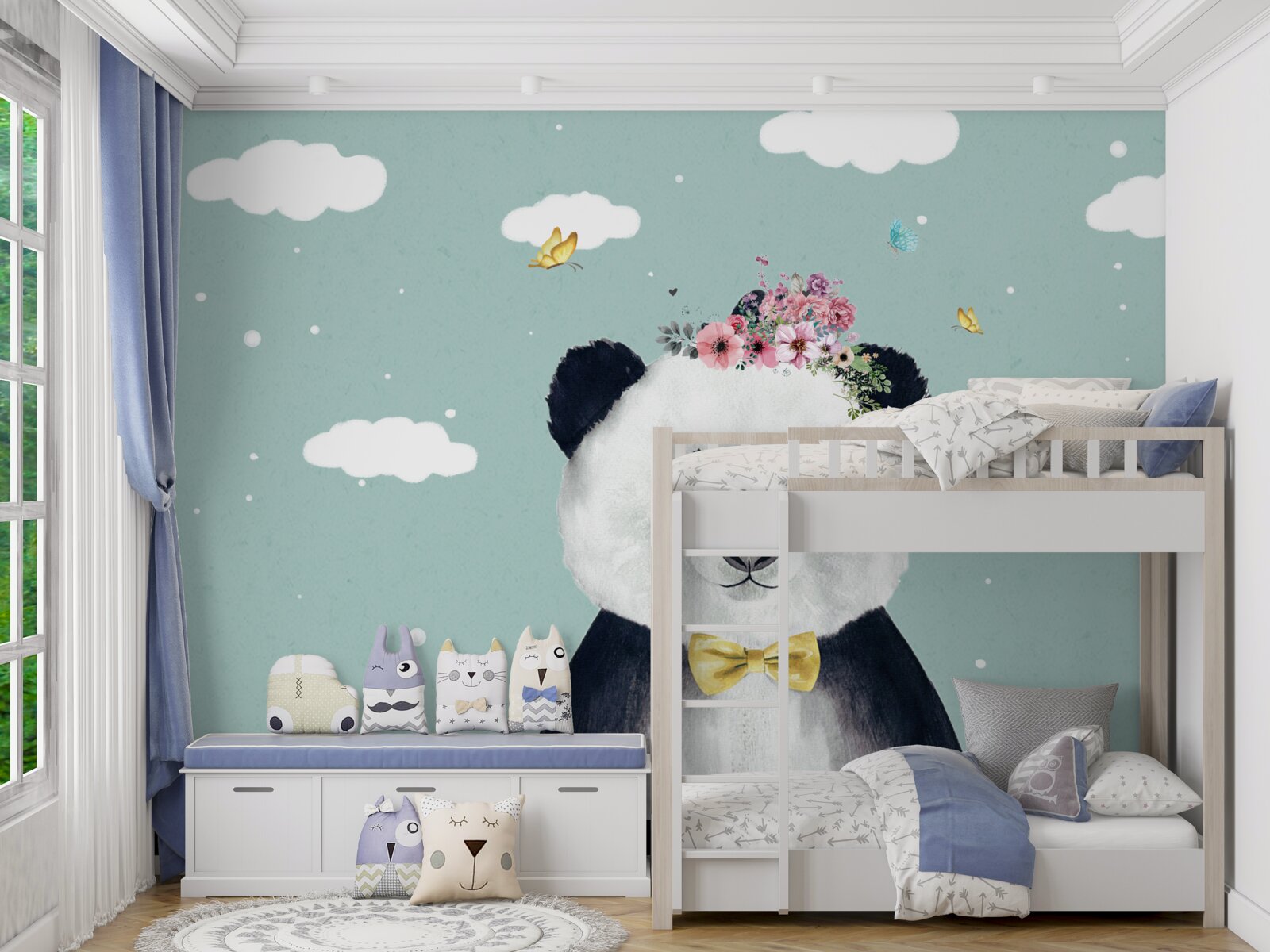 Fototapeta chmury stały się tłem dla pandy z kwiatami