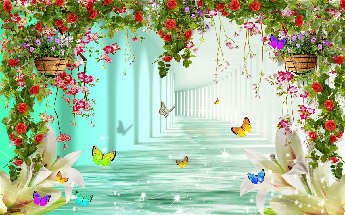 Fototapeta motyle i wiosenne kwiaty w tunelu