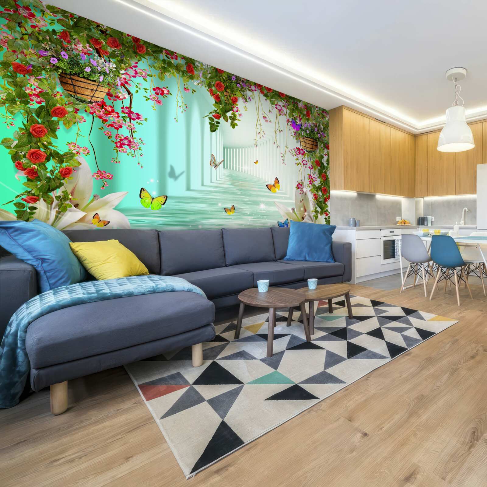 Fototapeta motyle i wiosenne kwiaty w tunelu