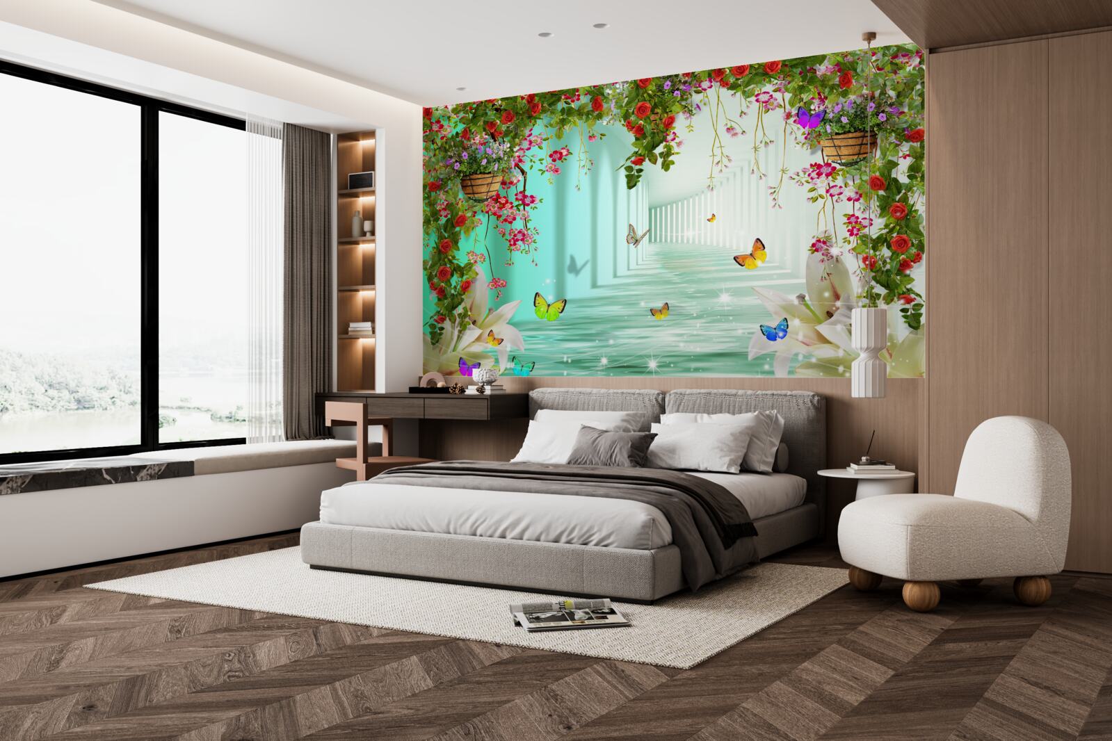 Fototapeta motyle i wiosenne kwiaty w tunelu