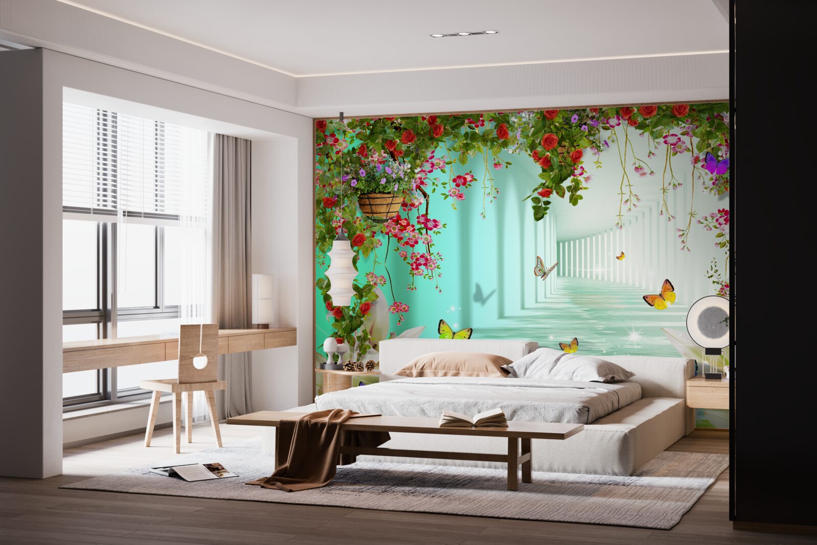 Fototapeta motyle i wiosenne kwiaty w tunelu