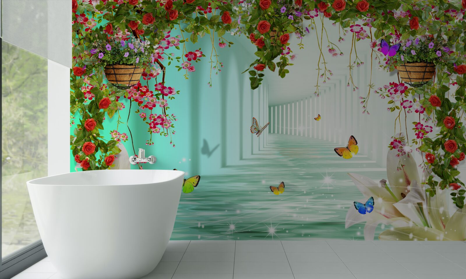 Fototapeta motyle i wiosenne kwiaty w tunelu