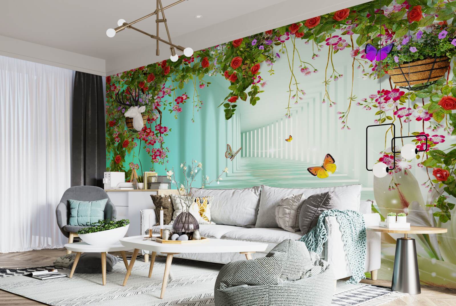 Fototapeta motyle i wiosenne kwiaty w tunelu